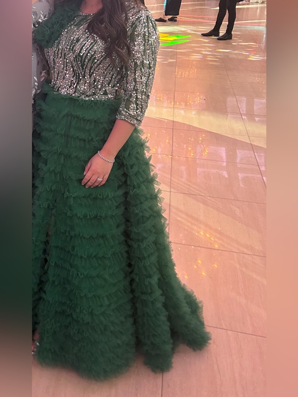 Emerald Green Sequin & Ruffle Evening Gown